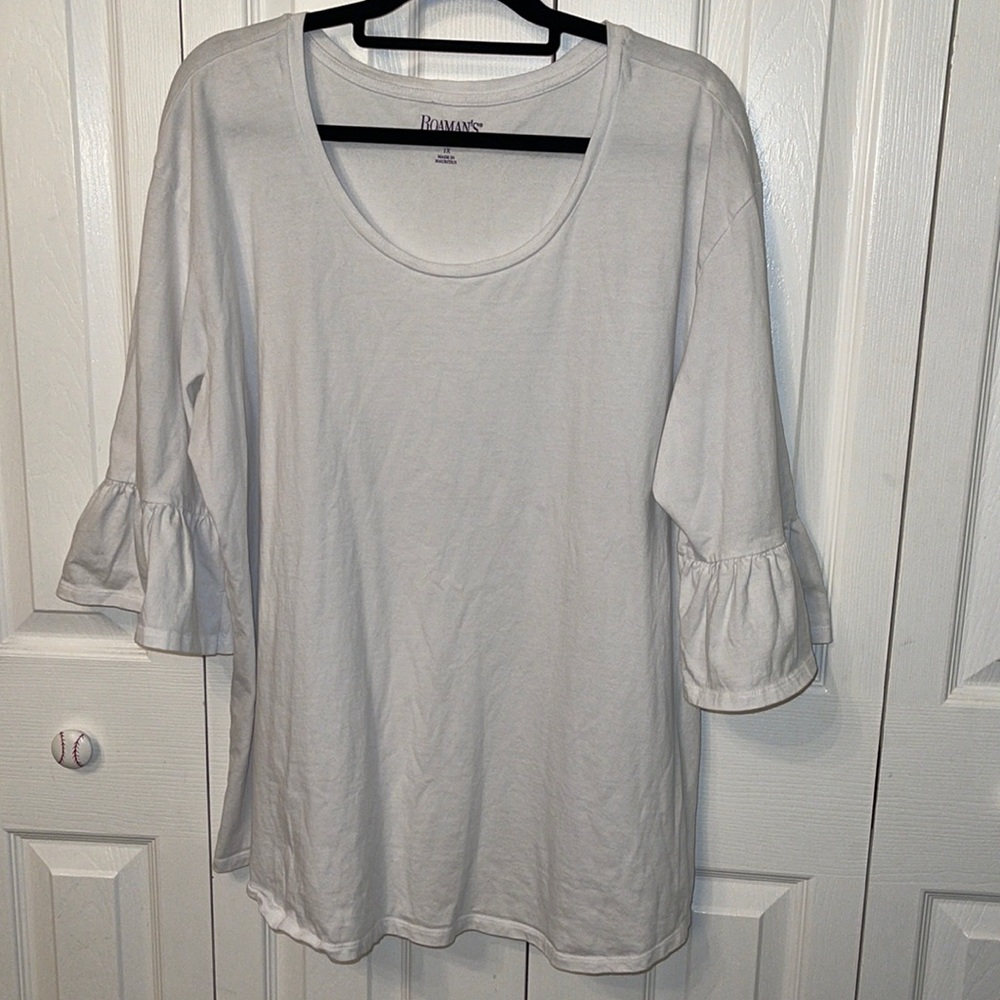 Roaman’s 3/4 ruffled sleeved long shirt. Long length Size 1X or 22/24 cotton